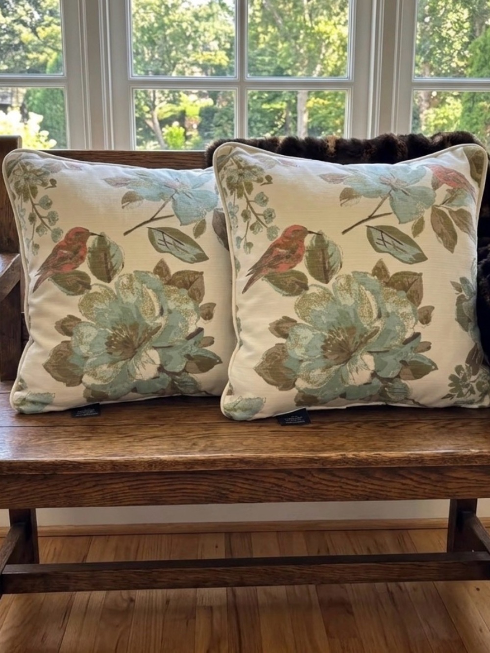 Floral Bird Accent Pillow Cases - Cream with Pale Blue and Brown